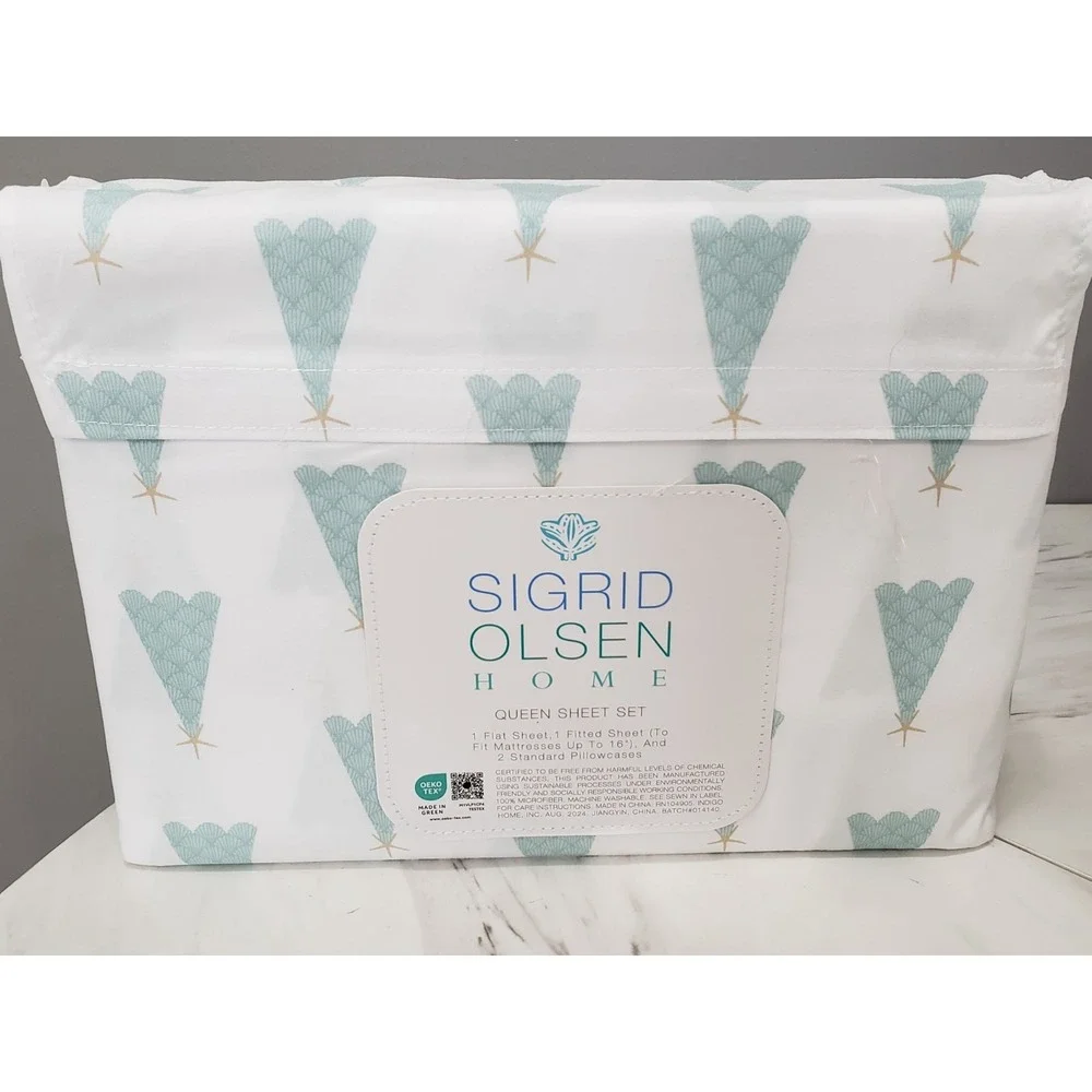 QUEEN SHEET SET Starfish Seashells Coastal Sigrid Olsen beach nautical christmas